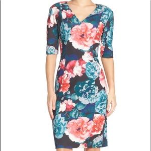 NWT Eliza J Pink Green Floral Sheath Vneck Dress